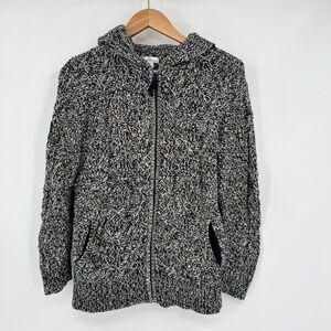 LL Bean Signature Navy Marled Cable Knit Zip Hoodie Sweater Cardigan Women's M